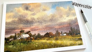 Tranquil Watercolor, the evening sky and grassland can also be beautiful