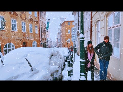PRAGUE EXTREME SNOW WALK 🌬️Walking in a Snow Hail - Relaxing Winter Ambience - Virtual Tour 4K ASMR