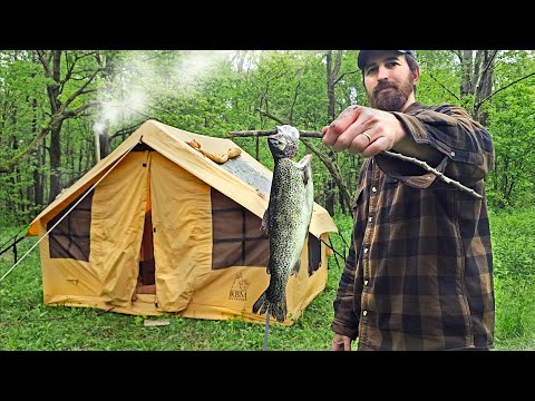 Camping and Fishing in the Rain & Wind in the RBM Panda Medium Inflatable Tent