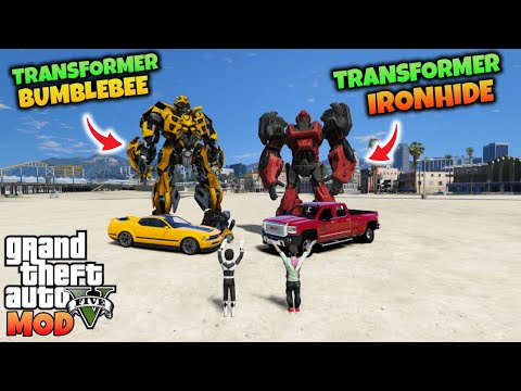 JUNIOR NGAJAK TRENASFORMER IRONHIDE DAN BUMBLEBEE MAIN KE PANTAI - GTA 5 MOD TRANSFORMER
