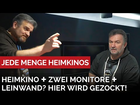 Wieso gibt es in diesem Heimkino zwei große Monitore und eine Leinwand? Hier wird gezockt!