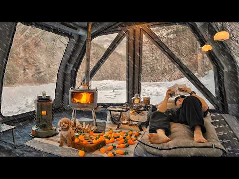 -15℃ Camping in Snow with My Dog . 2-Room Inflatable Tent . Wood Stove ASMR