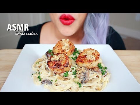 ASMR Fettuccine Alfredo•Jumbo Scallops | Collaboration with DW ASMR [Eating Sounds] BIG Bites