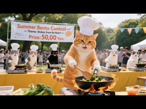 Kitten Ginger Studying Through the Night—Mommy Cat Joins a Cooking Contest to Help! 🍳😿💔