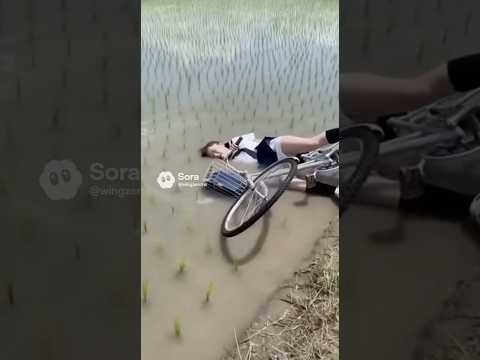 女子高生が自転車で田んぼに転倒する