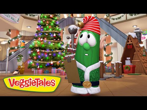 Cartoon cucumber character in a Santa outfit holding a clipboard in a Christmas-lit mall with a decorated tree and presents in the background.