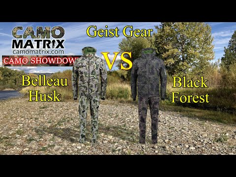 Compare Geist Gear Belleau Husk  VS Digital Black Forest w/ simulated deer vision on 14 Backgrounds.