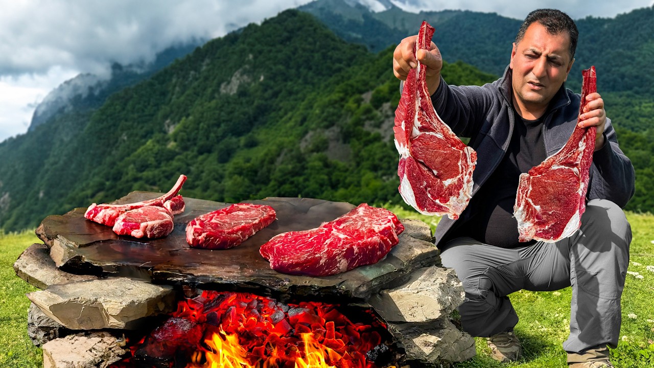 Roasting Juicy Beef Steaks on Hot Stones! Outdoors Cooking Alone in the Mountains