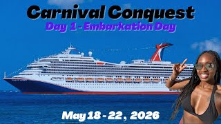 Carnival Conquest Day 1 - Embarkation, Oceanview Room Tour, Sail Away Party, Gym, Zero Proof Drinks