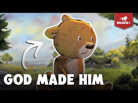 Cartoon teddy bear with a white outline on a pastoral background, overlaid with the bold text 'GOD MADE HIM' and a Brave+ badge in the corner.