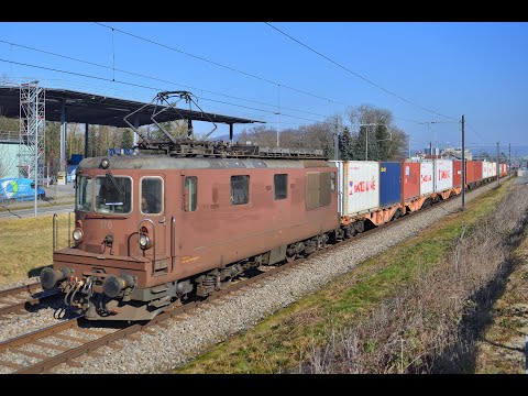 Bahnverkehr Februar 2023: BLS Re4/4, WRS mit Ölzug für Notkraftwerk, SBB Re 6/6 mit Getreidezug,