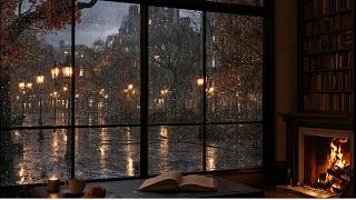 Rainy Autumn Jazz 🍂 Relaxing Smooth Jazz, Rain Sounds & Warm Fireplace for Sleep & Relaxation