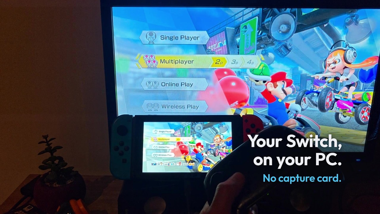 Demo video: the Switch in front of a PC monitor, both showing the HOME menu with the Ultrahand overlay open