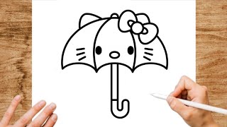 How to Draw Umbrella Hello Kitty - Cute Kawaii Drawing | Easy Step by Step Tutorial