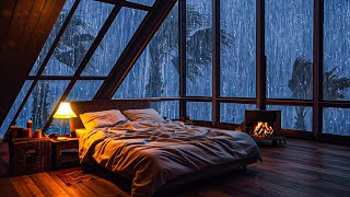 Rain Sounds and Thunder outside the Window in the Foggy Forest - Stormy night in warm wooden house