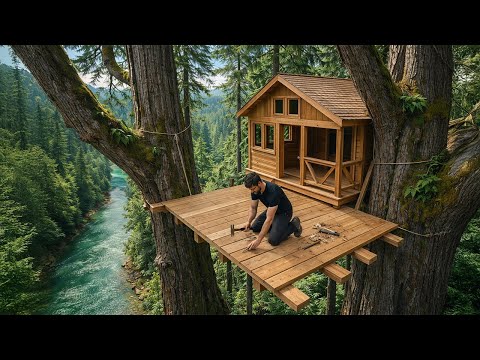 Building a COZY Treehouse Cabin on 2 GIANT TREES (Full Build)