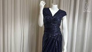 فستان استرتش أزرق ترتر طويل بأكمام قصيرة