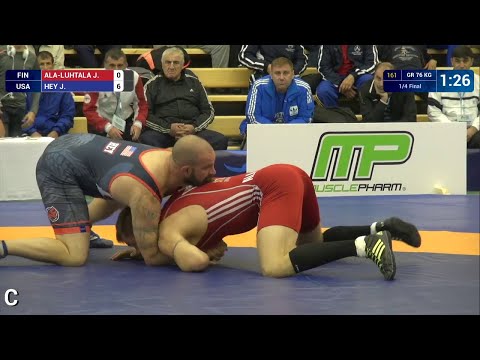 1/4 GR - 76 kg: J. ALA-LUHTALA (FIN) df. J. HEY (USA), 9-6