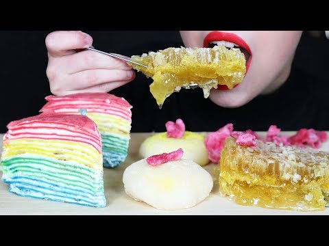 ASMR RAINBOW CREPE CAKE, HONEYCOMB, MOCHI & CANDIED ROSE LEAVES (EATING SOUNDS) No Talking