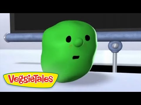 Green VeggieTales character with a surprised expression, in a white setting, VeggieTales logo in the corner
