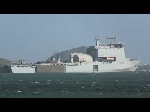 RN Merlin touch and go on RFA Mounts Bay L3008 Plymouth UK 7 Sept 2022