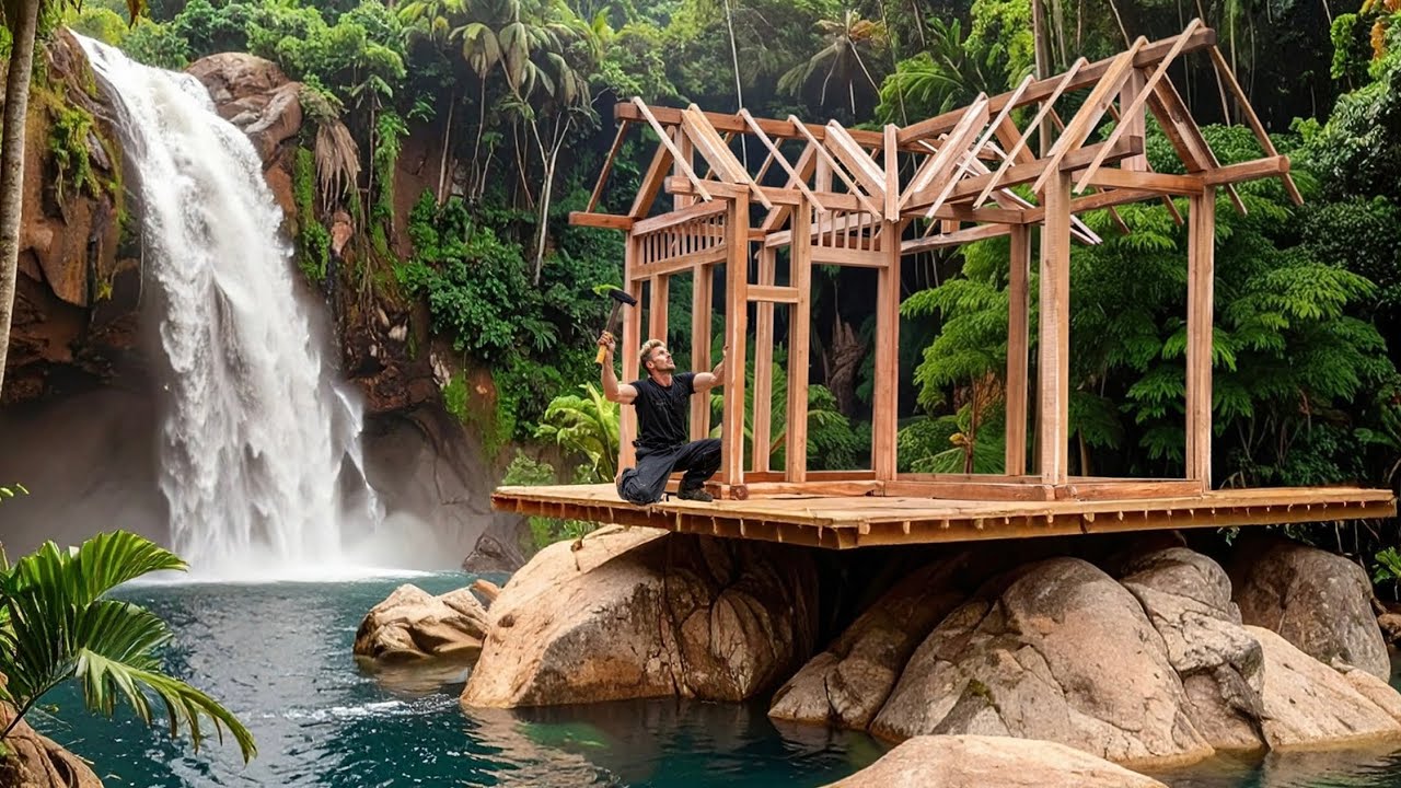 Building a Cozy Wooden Cabin Under a Waterfall | Bushcraft Survival