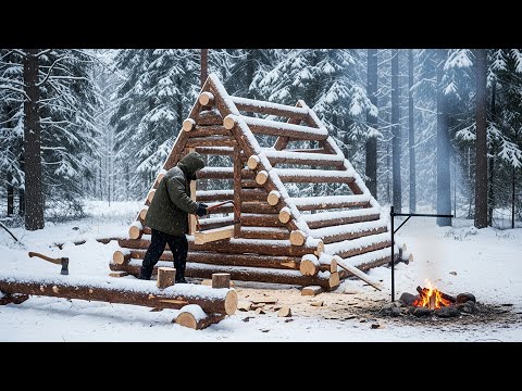 Building a Log Cabin Alone in the Snowy Forest  Winter Bushcraft Survival Shelter