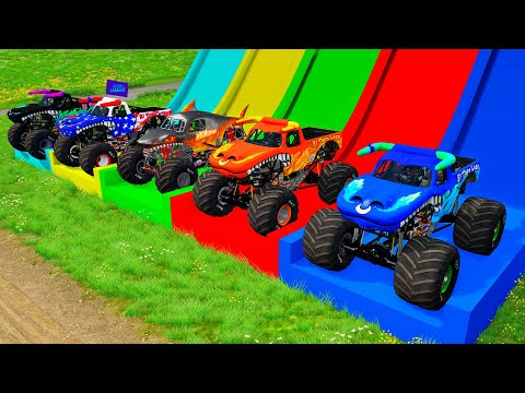 Double Flatbed Trailer Monster Trucks Transport with Slide Color - Cars vs Speed bump - BeamNG #10