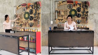 Alone but Unstoppable: Build an Iron Table and Install a Wall-Mounted Shelf for Repair Tools