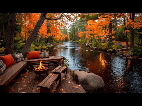 Calm River Morning | Autumn Cabin Porch with Birds & Cozy Firepit Ambience