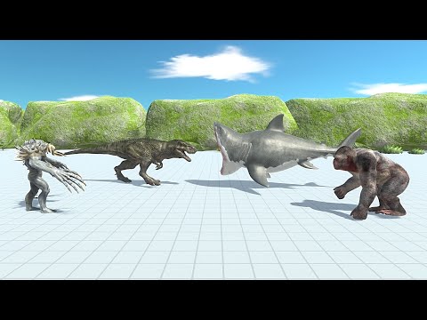Infernals with carnivore dinosaur vs mutant primates with aquatic - Animal Revolt Battle Simulator