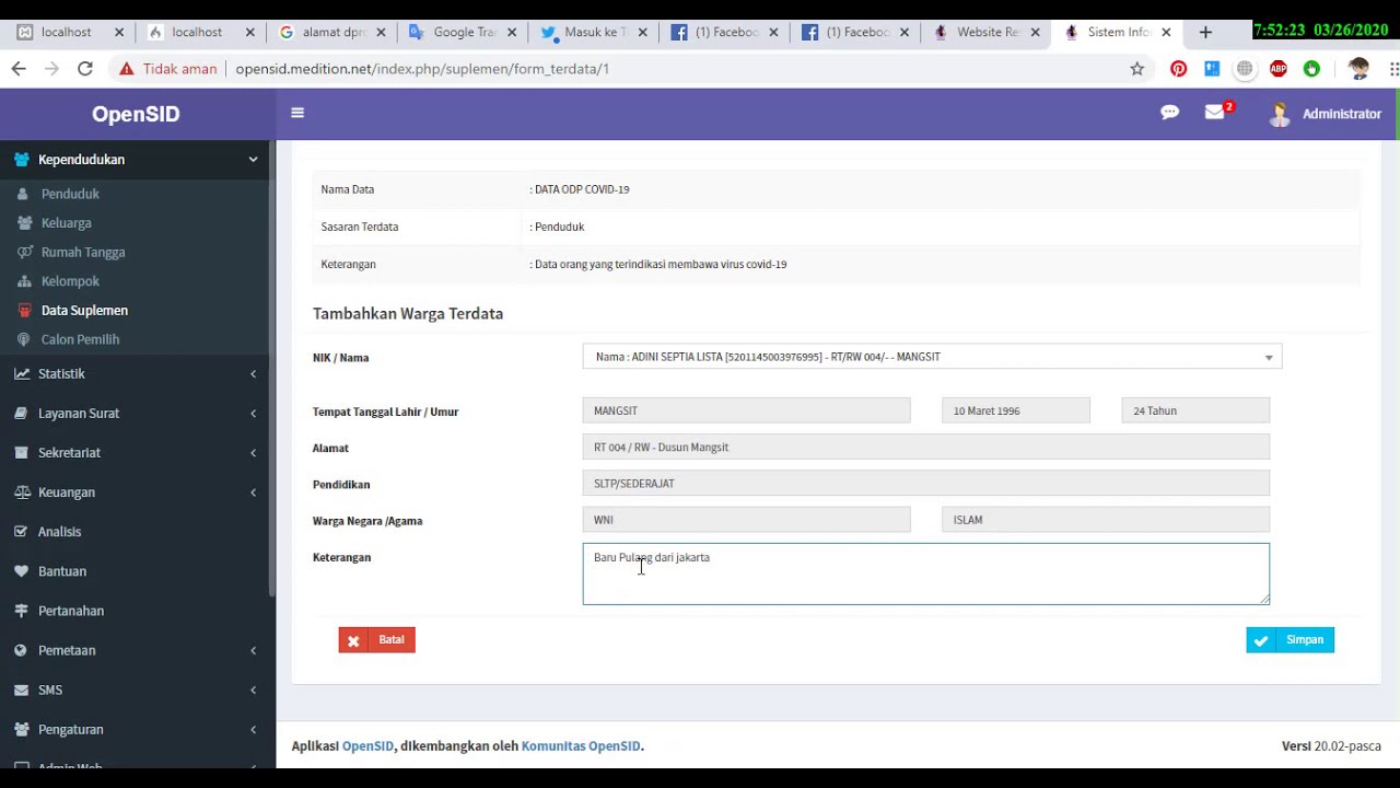 SID Data Suplement Untuk mendata ODP (orang dalam pengawasan) virus corona.(~open sid)