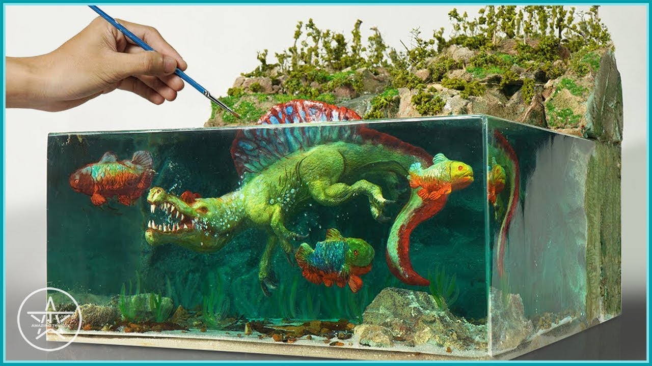 Diorama of Spinosaurus Dinosaur's Intense Hunt | Resin Art | Polymer Clay