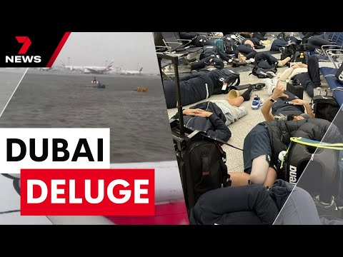 Australians left in limbo in a Dubai deluge - mass flight cancellations | 7 News Australia