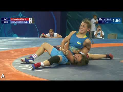 1/8 WW - 46 kg: J. JERMALONOKA (LAT) df. E. CHEMERDOVSKA (UKR) by VPO1, 9-6
