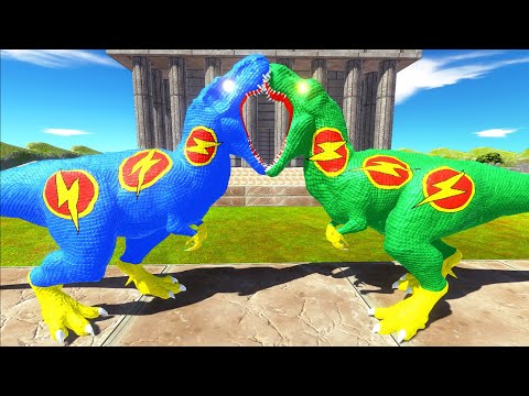 BLUE FLASH T-REX vs GREEN FLASH T-REX ANCIENT DEATH RUN - Animal Revolt Battle Simulator