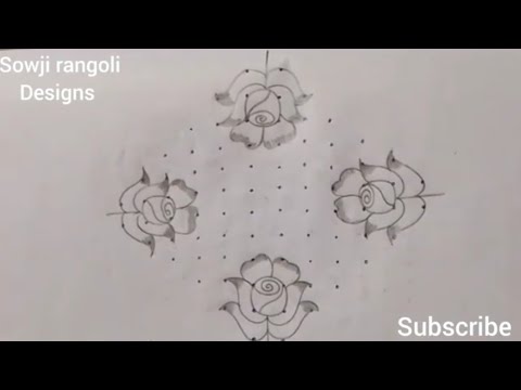 Simple rose flowers and deepam rangoli design with 12*2*2 dots #pandagamuggulu