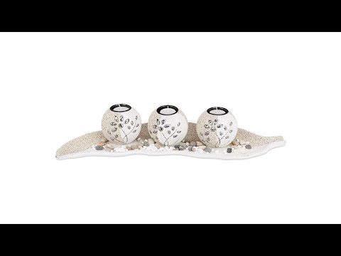 Teelichthalter Set Sand Grau - Weiß - Holzwerkstoff - Naturfaser - Wachs - 51 x 3 x 17 cm