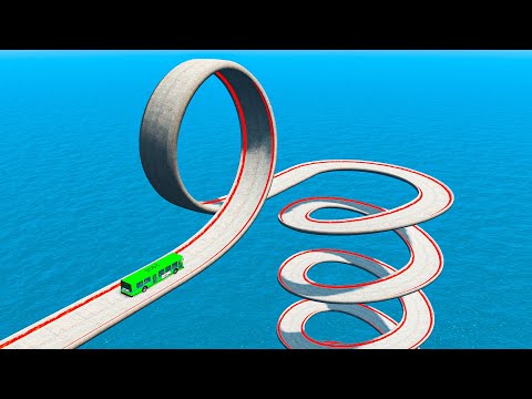 Impossible Loop Spiral Bridge Crossing Cars Vs Cliff and Deep Water - BeamNG.Drive