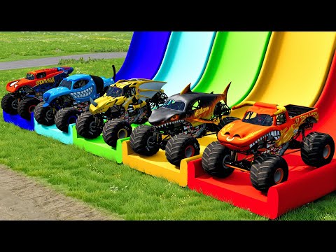 Triple Flatbed Trailer Monster Trucks Transport with Slide Color - Cars vs Speed bump - BeamNG.drive