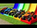 Triple Flatbed Trailer Monster Trucks Transport With Slide Color Cars Vs Speed Bump BeamNG Drive