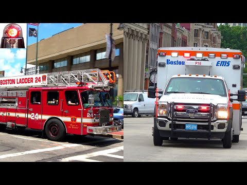 Boston Fire Department Ladder 24 and Ambulances Responding Sirens