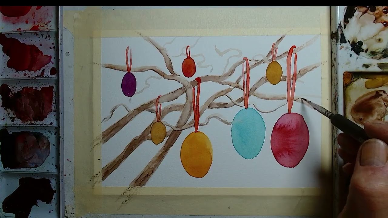 Watercolor Painting Tutorial Hanging Easter eggs on a branch!