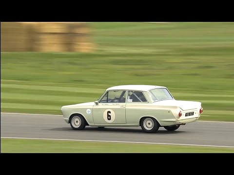 Max Chilton flat out in his Jordan Racing Team built Lotus Cortina at Goodwood Circuit