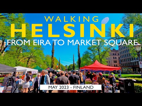 Caminhada em Helsinque: de Eira a Esplanadi e Market Square, maio de 2023, Finlândia [4K]
