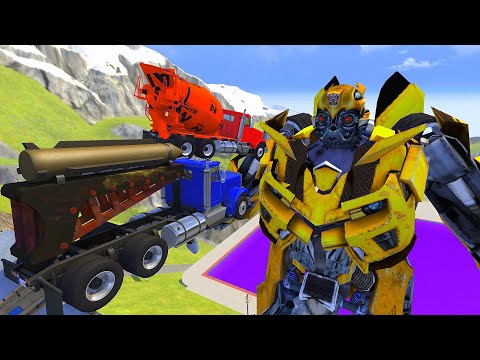 Heavy Vehicle High Speed Car Jump Over Transformers Bumblebee In Purple Pool Crash - BeamNG.drive