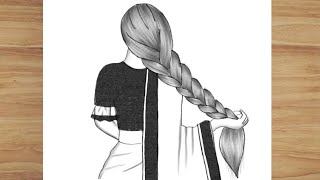 How to draw girl backside braided hairstyle | girl wearing saree backside drawing | easy drawing