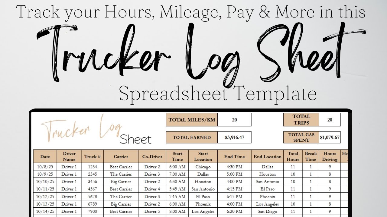 Trucker Log Sheet, Truck Driver Daily Log Book, Truck Driving Spreadsheet Template