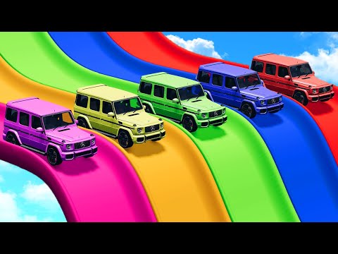 Flatbed Trailer Transport and Cars vs Portal Trap with Long Slide Color - Car vs Deep Water - BeamNG