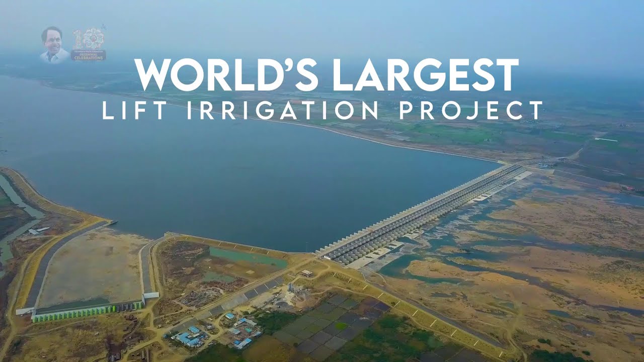 Aerial view of the world's largest lift irrigation project, highlighting the massive dam and reservoir supporting Telangana's Kaleshwaram irrigation initiative